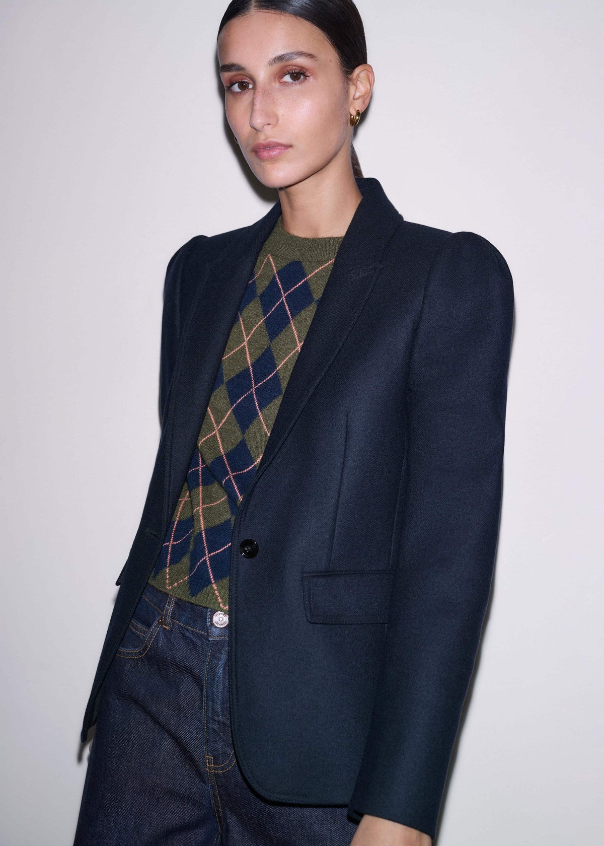 ME+EM Navy Feminine Sleeve Fitted Blazer