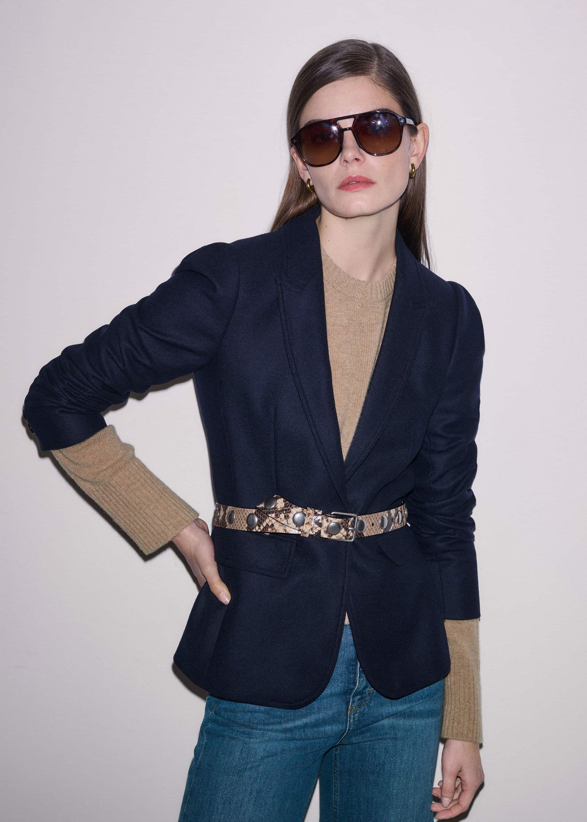 ME+EM Navy Feminine Sleeve Fitted Blazer