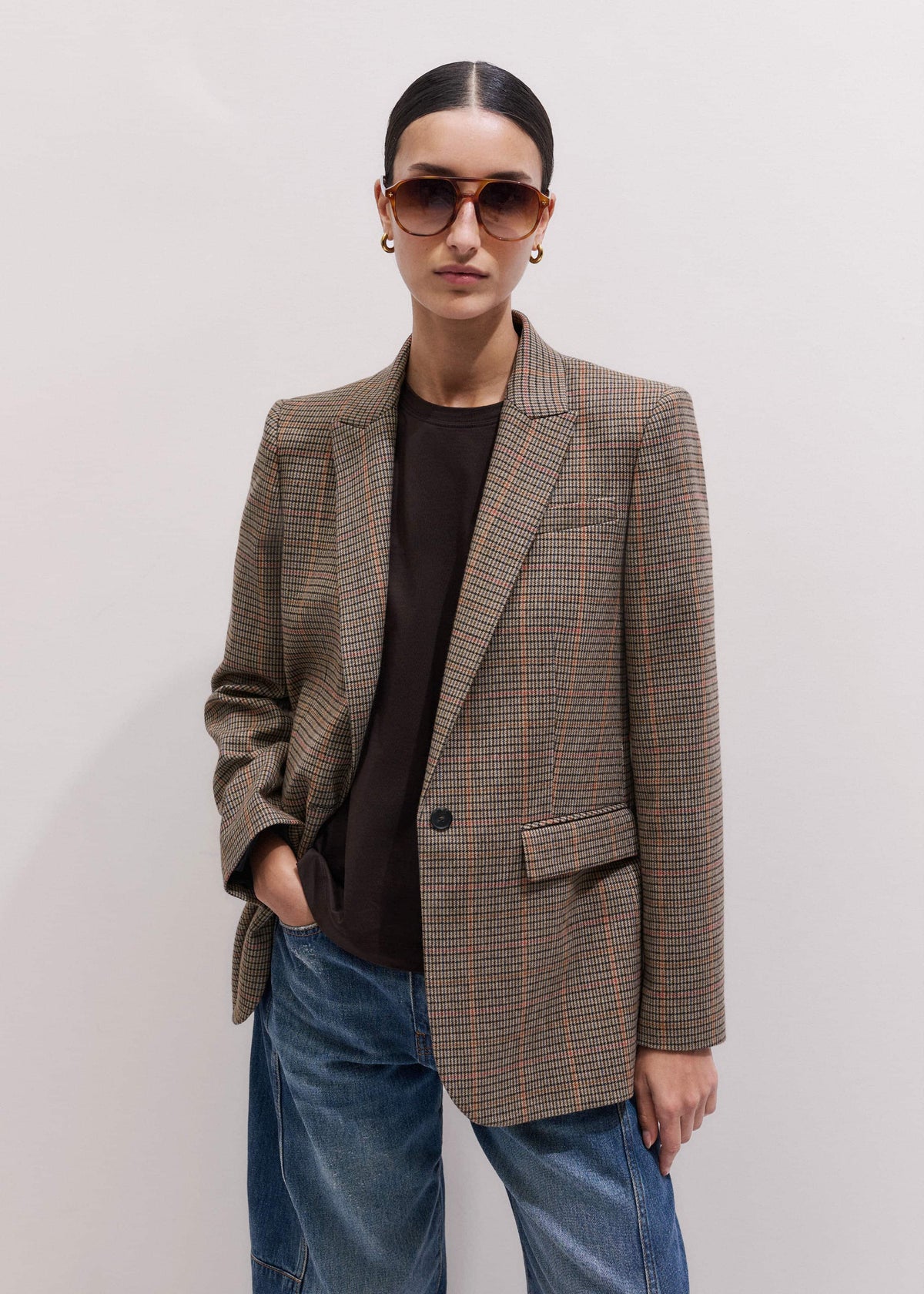 ME+EM Brown Check Sharp Shoulder Blazer
