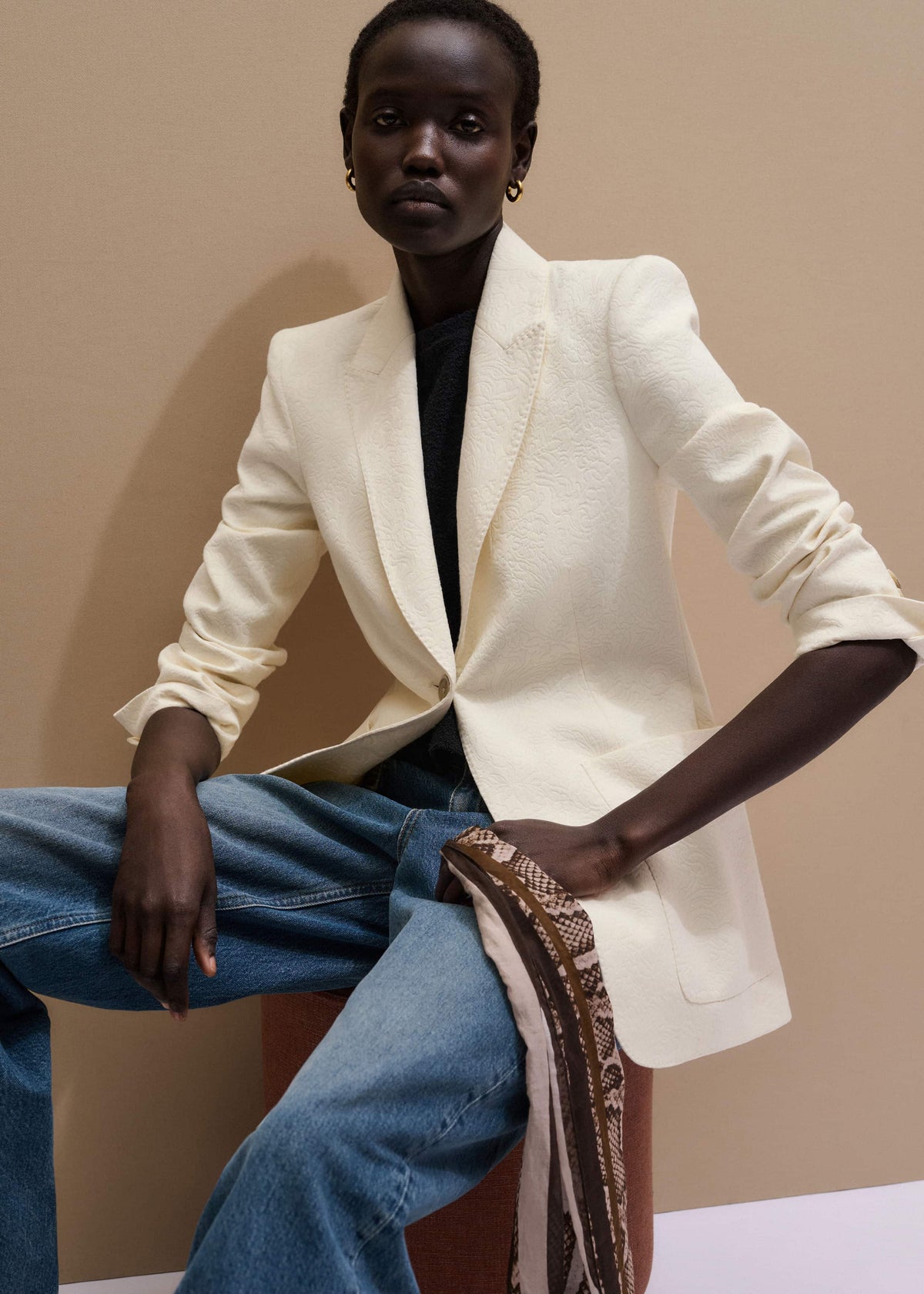 ME+EM Ivory Luxe Jacquard Sharp Shoulder Blazer