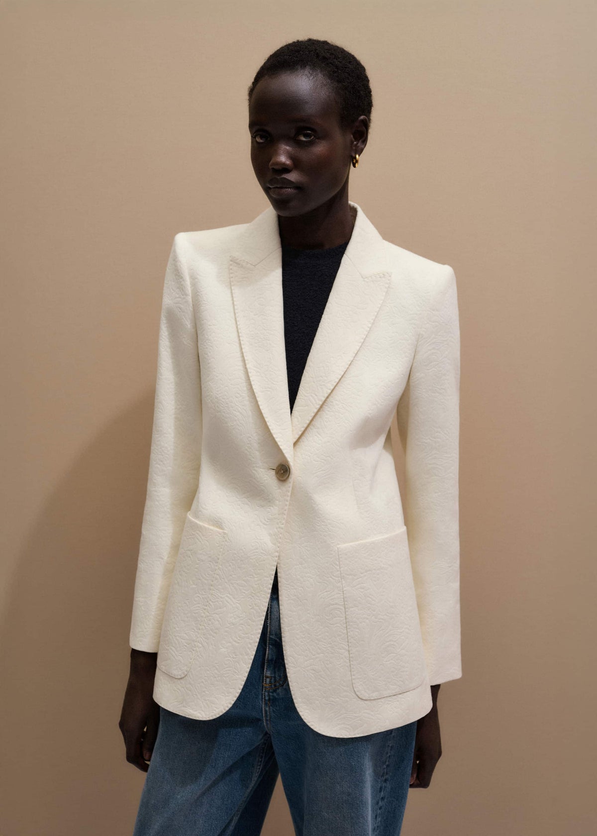ME+EM Ivory Luxe Jacquard Sharp Shoulder Blazer