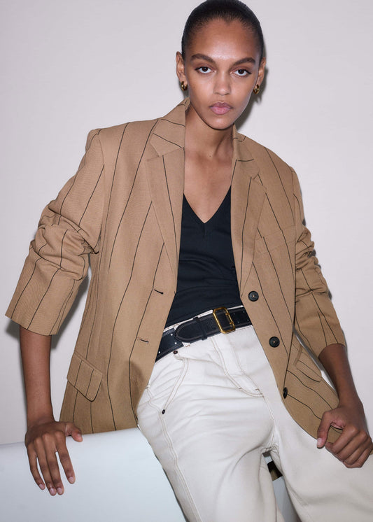 ME+EM Tan Icon Intelligently Oversized Pinstripe Blazer