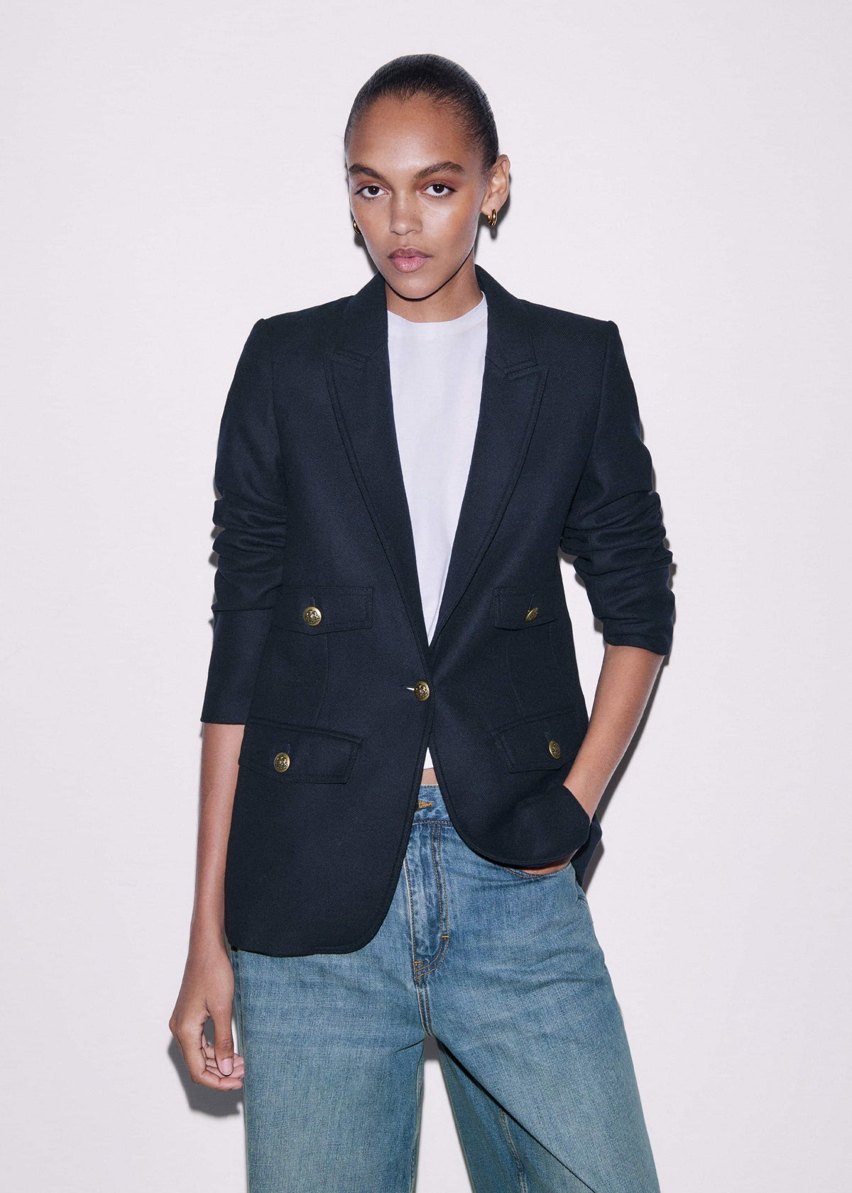 ME+EM Navy Sharp Shoulder Blazer