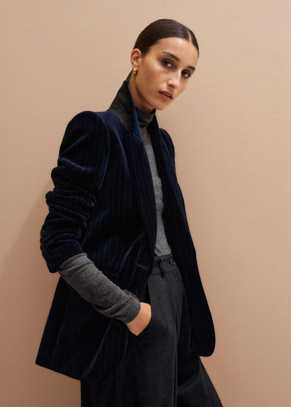 ME+EM Navy Pinstripe Velvet Sharp Shoulder Blazer