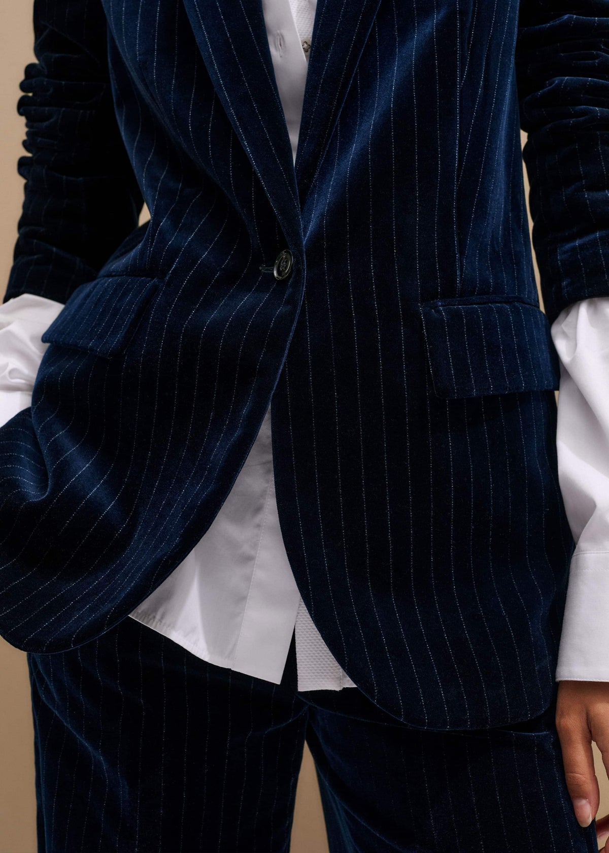 ME+EM Navy Pinstripe Velvet Sharp Shoulder Blazer