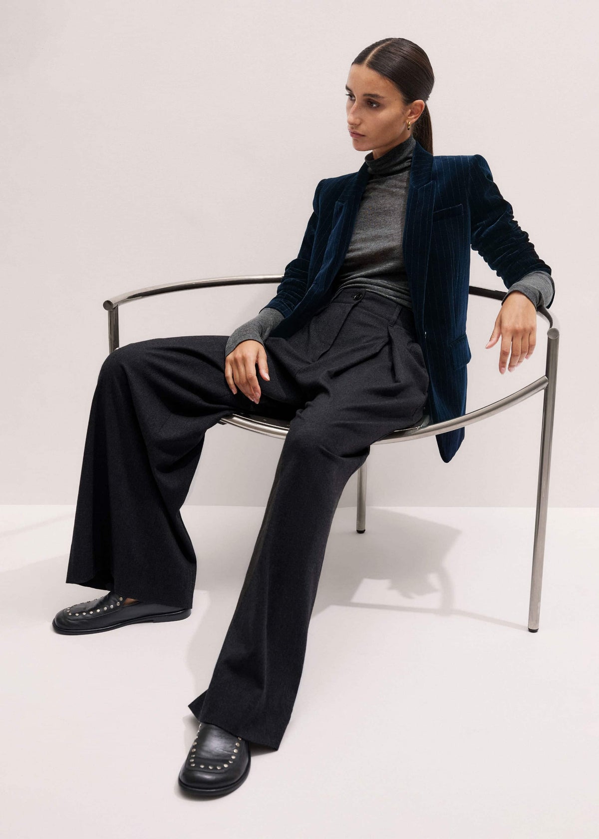 ME+EM Navy Pinstripe Velvet Sharp Shoulder Blazer