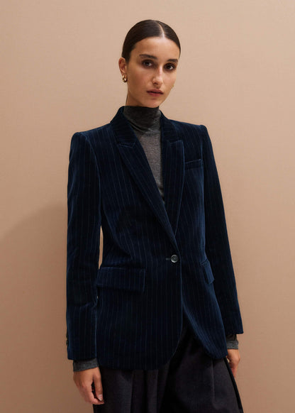 ME+EM Navy Pinstripe Velvet Sharp Shoulder Blazer