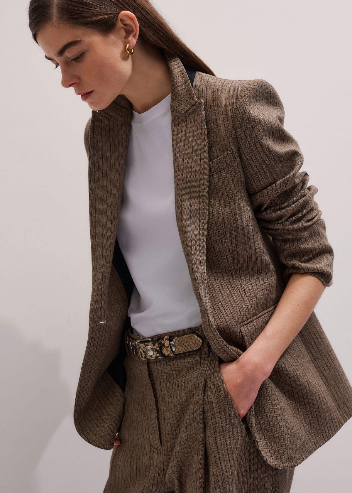 ME+EM Mocha Brown Pinstripe Sharp Shoulder Blazer