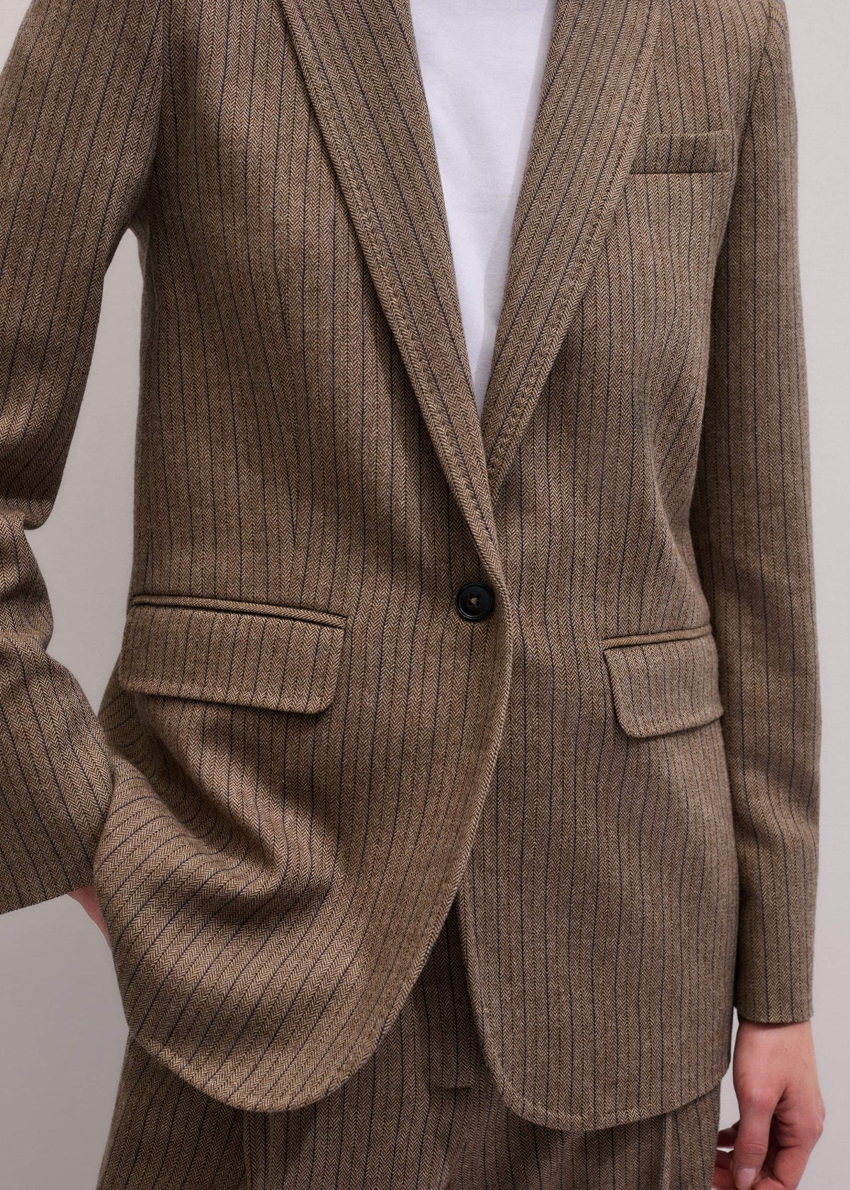 ME+EM Mocha Brown Pinstripe Sharp Shoulder Blazer