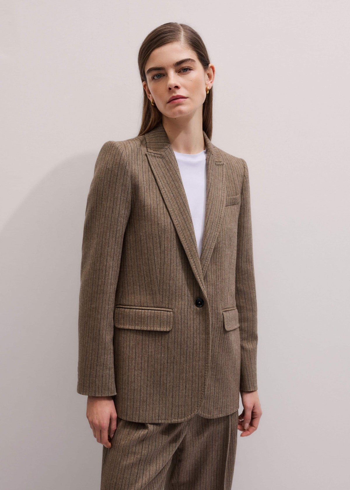 ME+EM Mocha Brown Pinstripe Sharp Shoulder Blazer