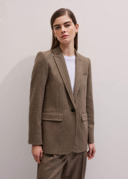 ME+EM Mocha Brown Pinstripe Sharp Shoulder Blazer