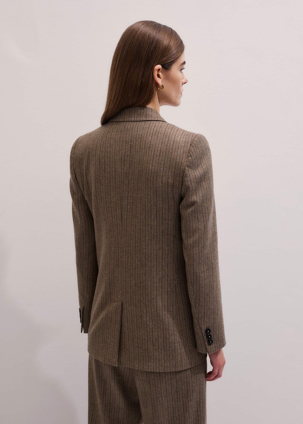 ME+EM Mocha Brown Pinstripe Sharp Shoulder Blazer