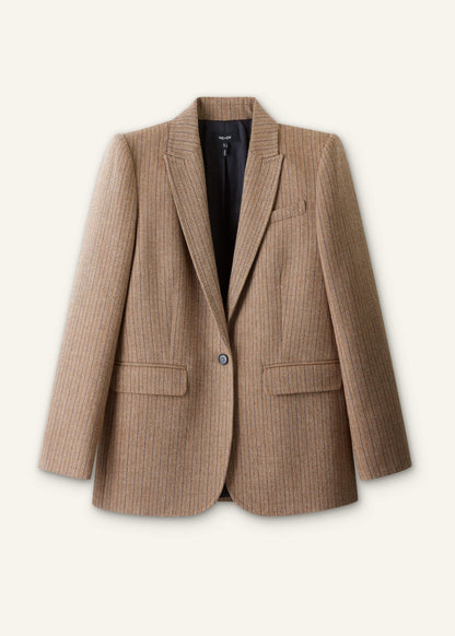 ME+EM Mocha Brown Pinstripe Sharp Shoulder Blazer