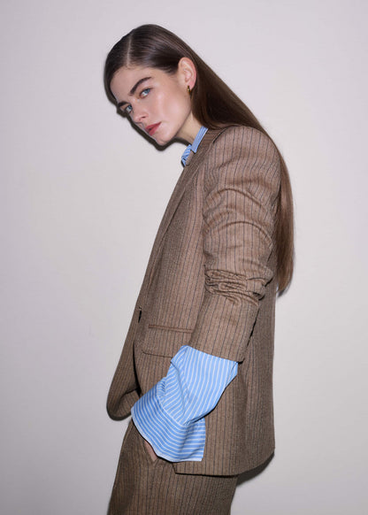 ME+EM Mocha Brown Pinstripe Sharp Shoulder Blazer
