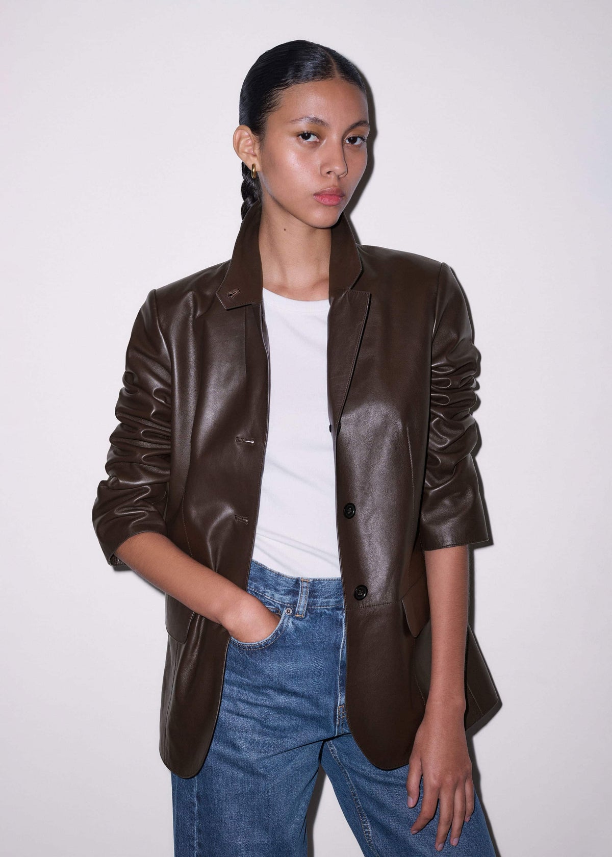 ME+EM Brown Leather Luxe Relaxed Boyfriend Blazer