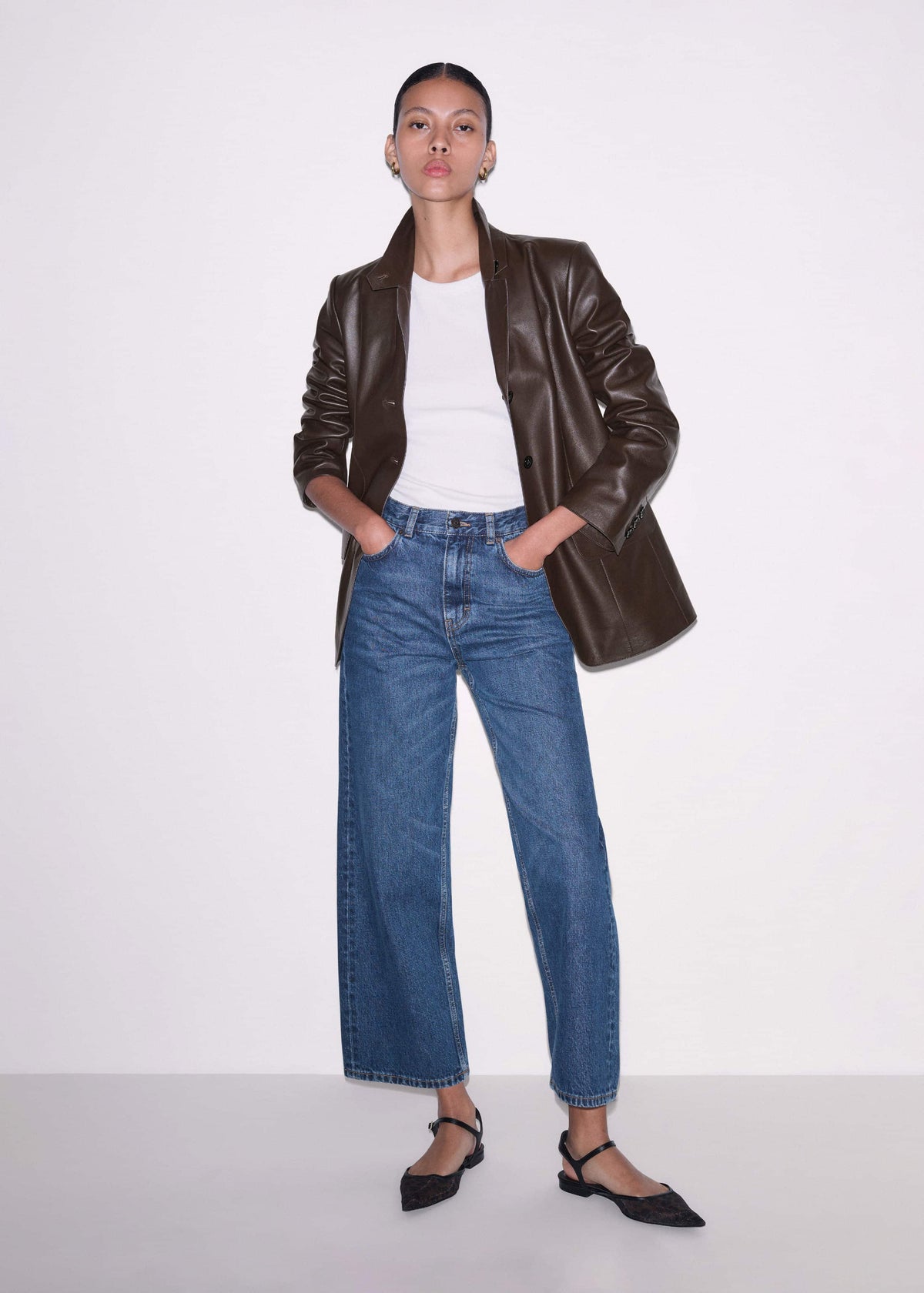 ME+EM Brown Leather Luxe Relaxed Boyfriend Blazer