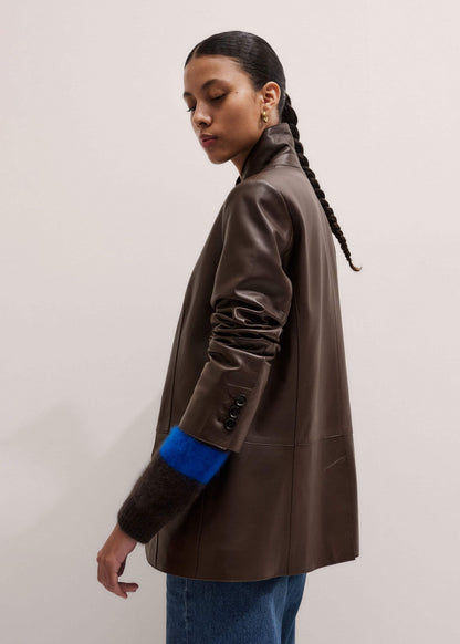 ME+EM Brown Leather Luxe Relaxed Boyfriend Blazer