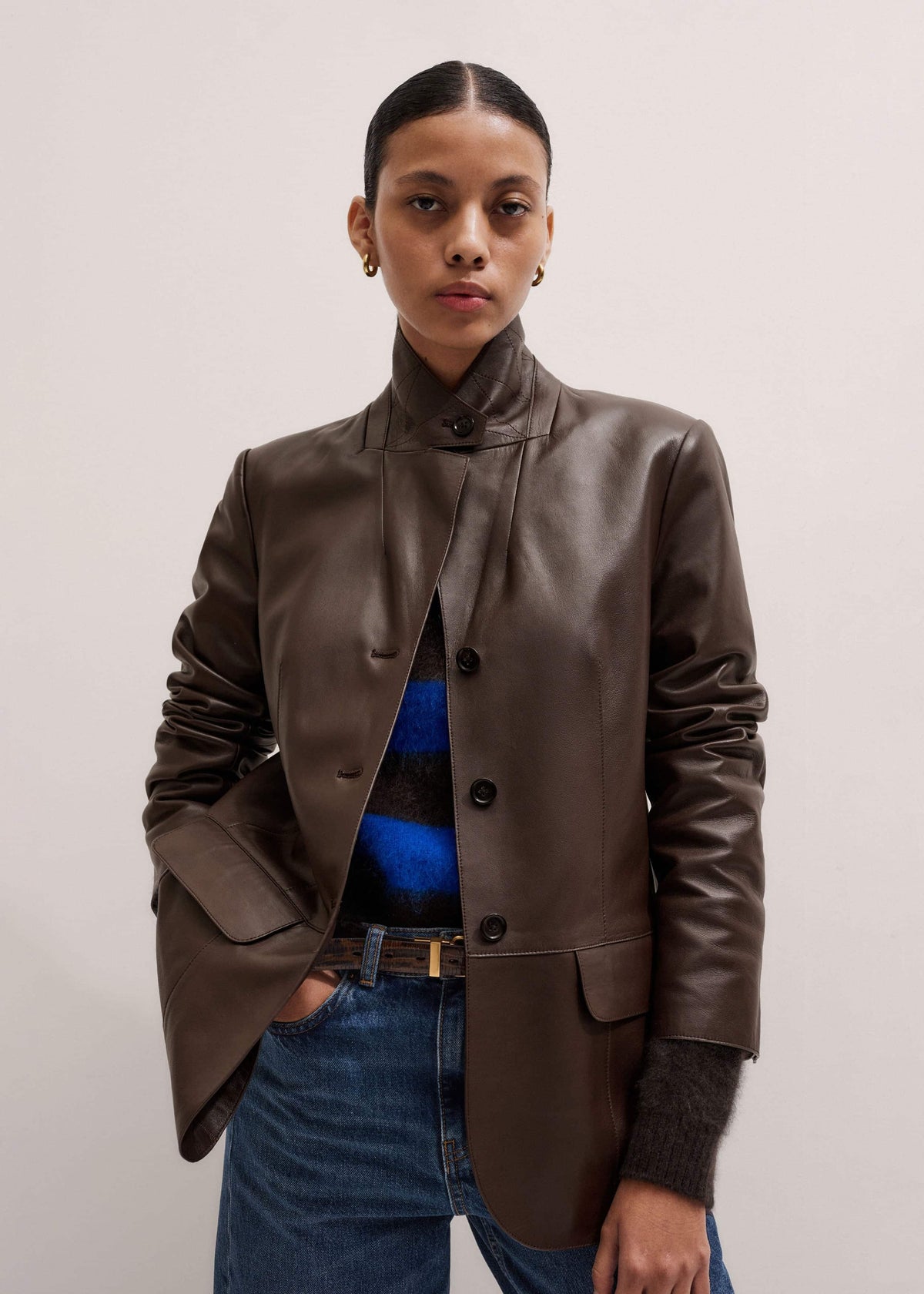 ME+EM Brown Leather Luxe Relaxed Boyfriend Blazer