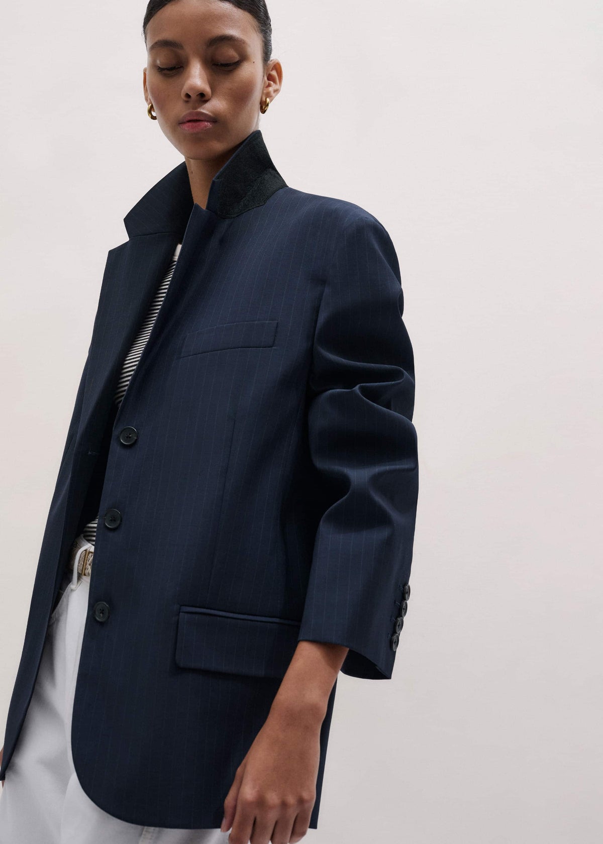 ME+EM Navy Pinstripe Oversized Blazer