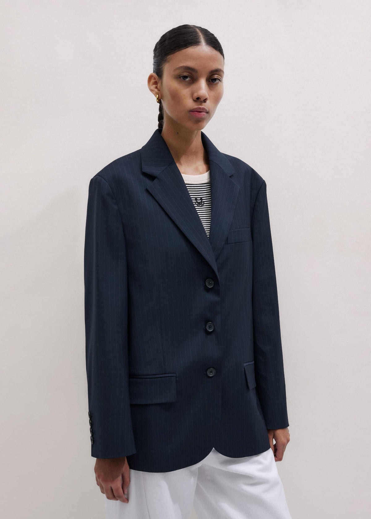 ME+EM Navy Pinstripe Oversized Blazer