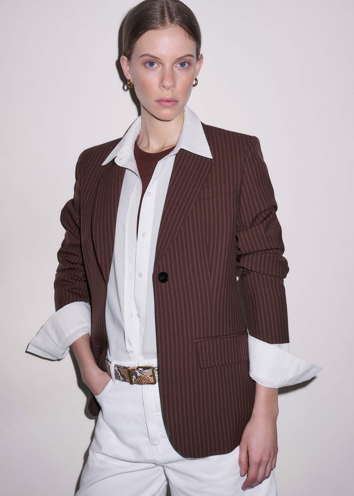 ME+EM Cinnamon Pinstripe Sharp Shoulder Contour Blazer