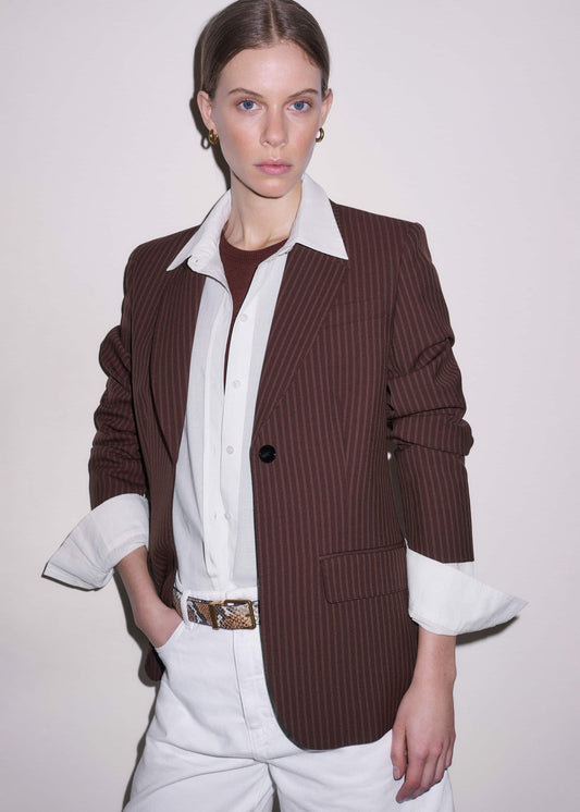 ME+EM Cinnamon Pinstripe Sharp Shoulder Contour Blazer