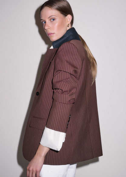 ME+EM Cinnamon Pinstripe Sharp Shoulder Contour Blazer