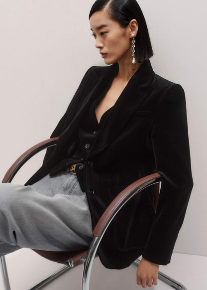ME+EM Black Stretch Velvet Sharp Shoulder Blazer