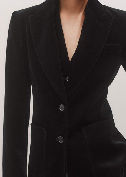 ME+EM Black Stretch Velvet Sharp Shoulder Blazer
