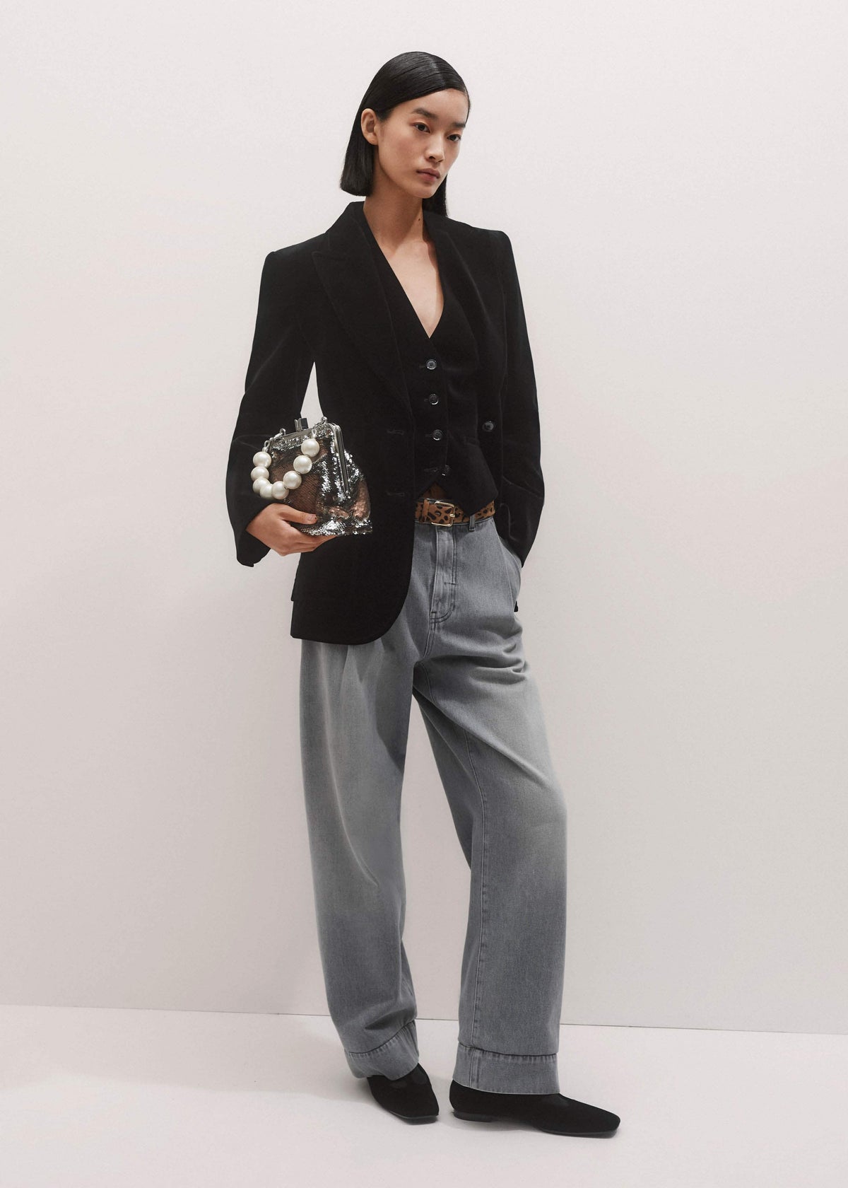 ME+EM Black Stretch Velvet Sharp Shoulder Blazer