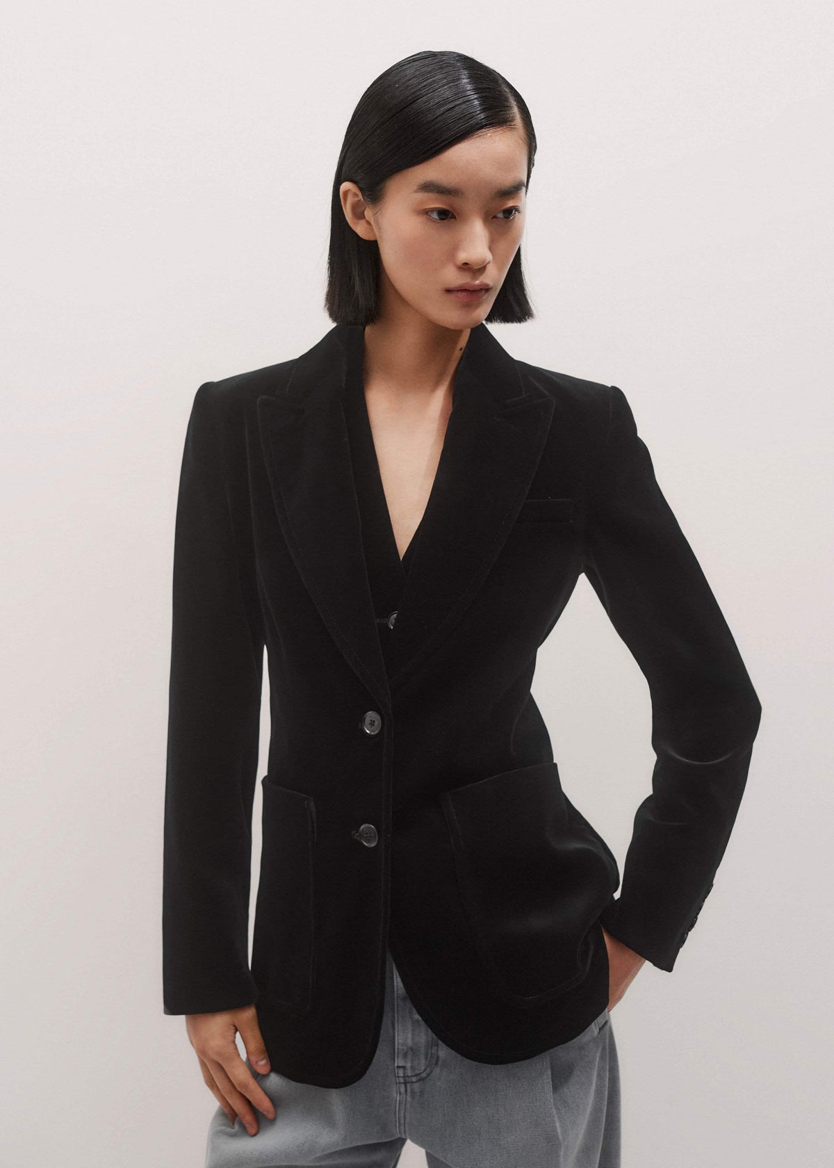 ME+EM Black Stretch Velvet Sharp Shoulder Blazer