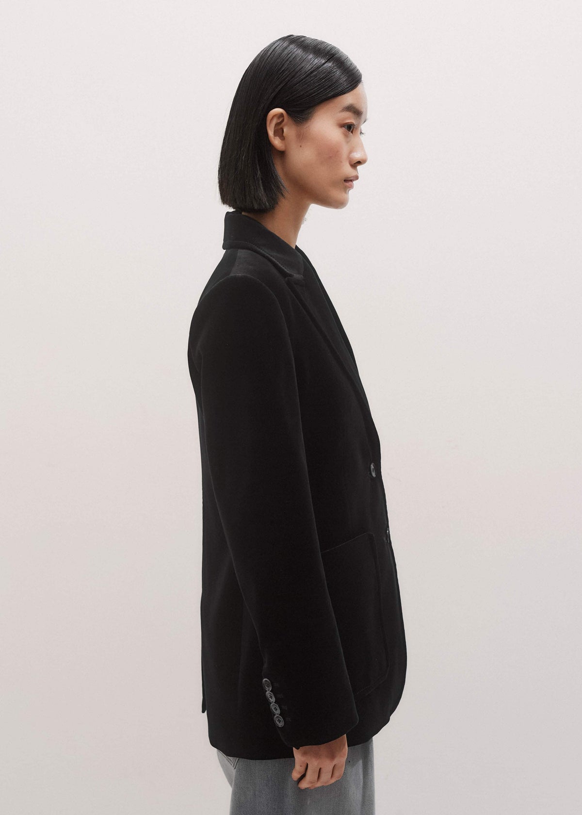 ME+EM Black Stretch Velvet Sharp Shoulder Blazer
