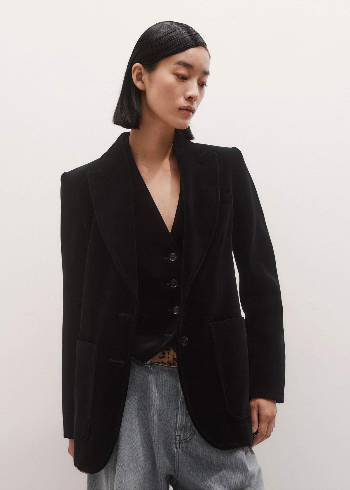 ME+EM Black Stretch Velvet Sharp Shoulder Blazer