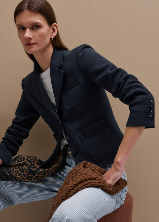 ME+EM Navy Herringbone Fitted Crop Jacket