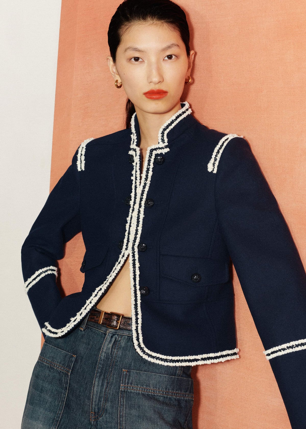 ME+EM Navy Bold Braid Short Fitted Jacket