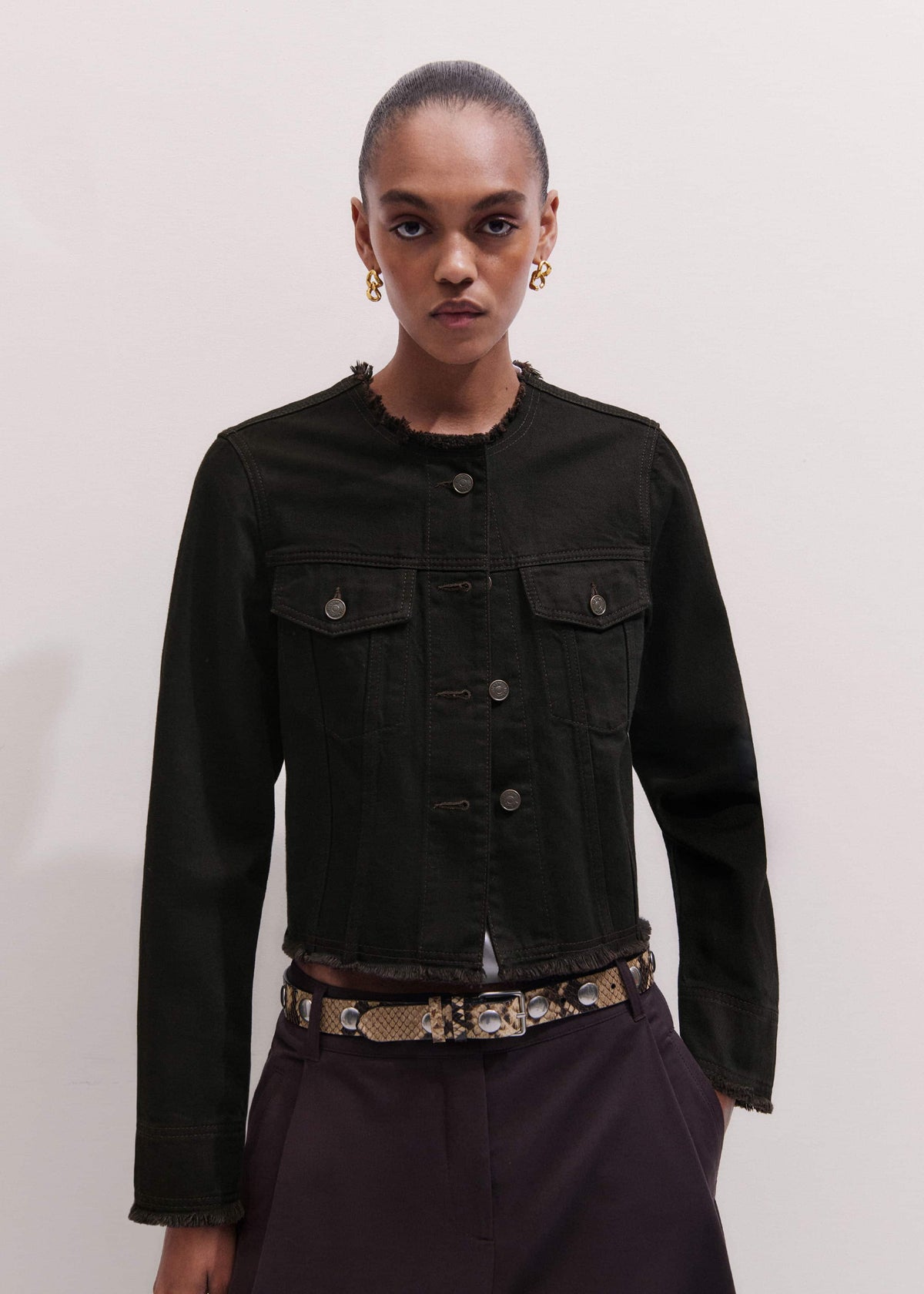 ME+EM Black Collarless Fray Jacket