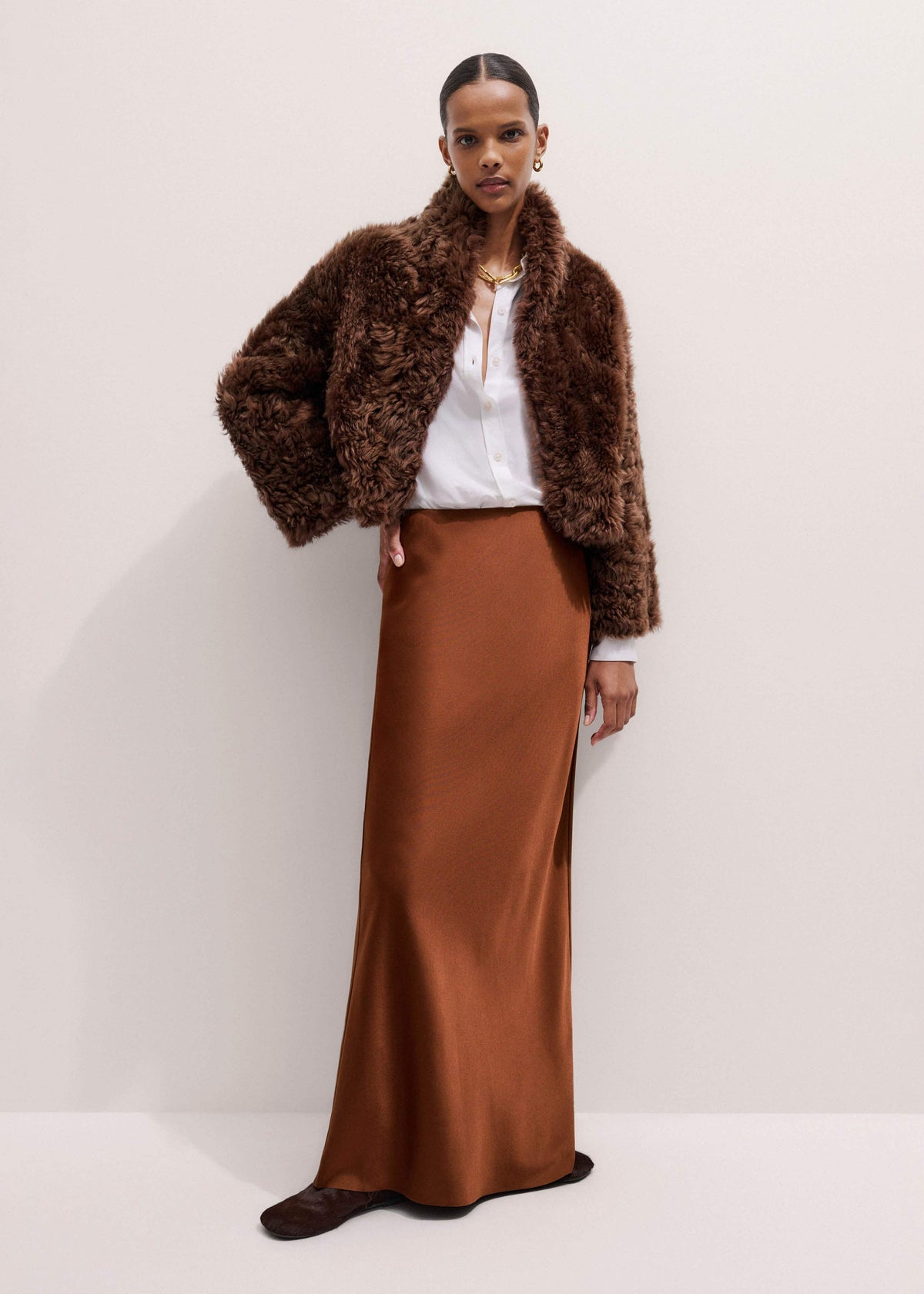 ME+EM Brown Luxe Shearling Evening Crop Jacket