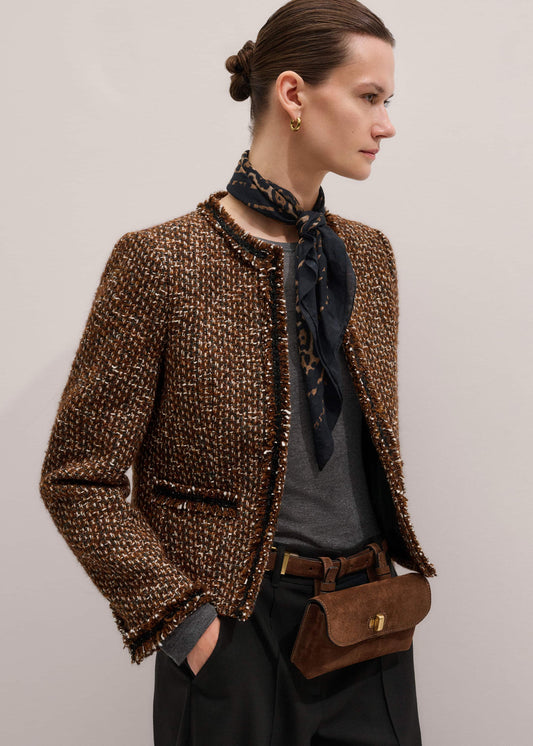 ME+EM Brown Slim Tweed Fringed Jacket
