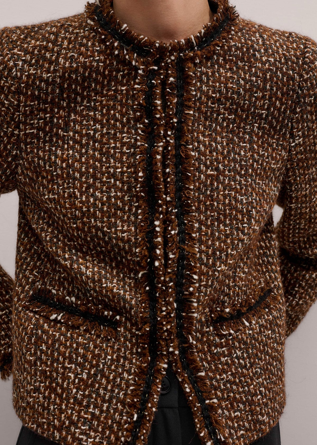 ME+EM Brown Slim Tweed Fringed Jacket