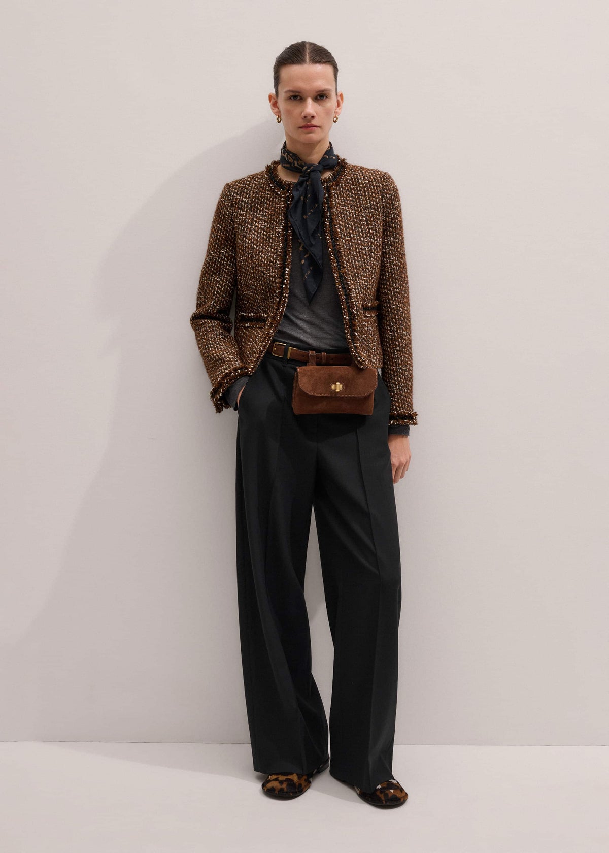 ME+EM Brown Slim Tweed Fringed Jacket