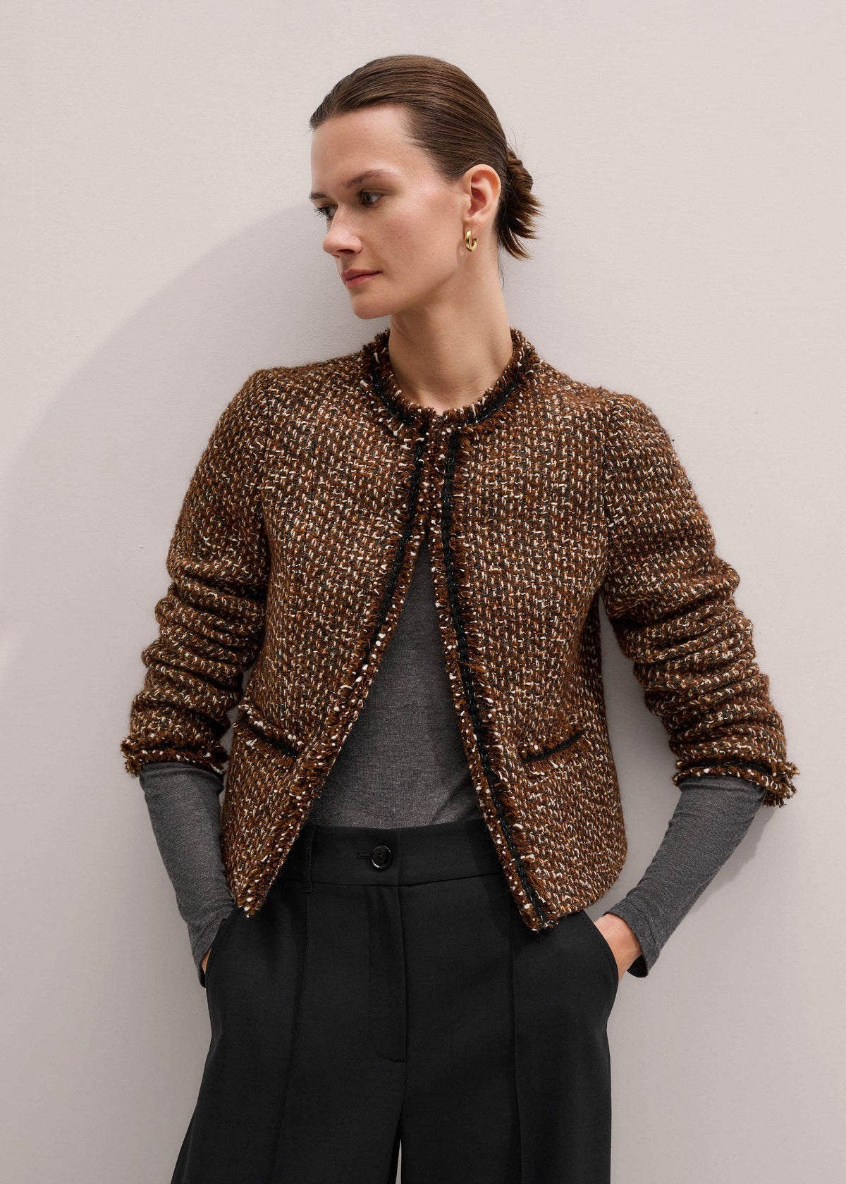ME+EM Brown Slim Tweed Fringed Jacket