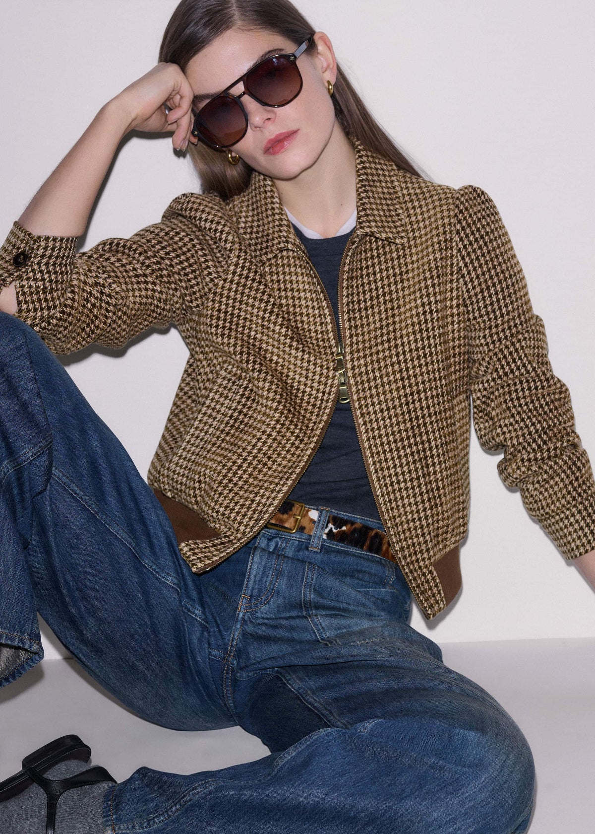 ME+EM Brown Super Soft Houndstooth Bomber Jacket