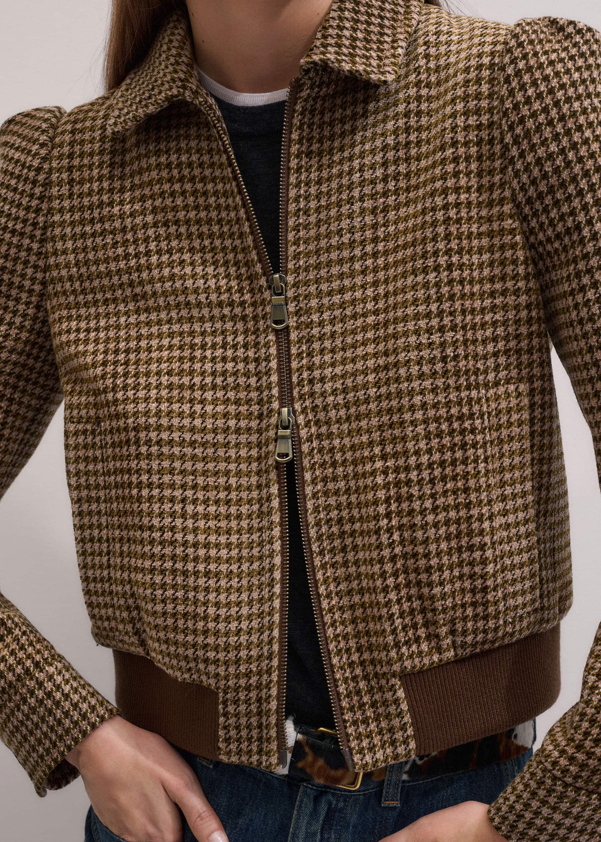 ME+EM Brown Super Soft Houndstooth Bomber Jacket