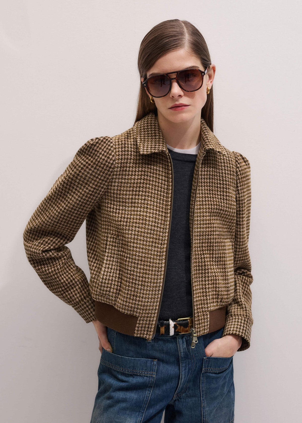 ME+EM Brown Super Soft Houndstooth Bomber Jacket
