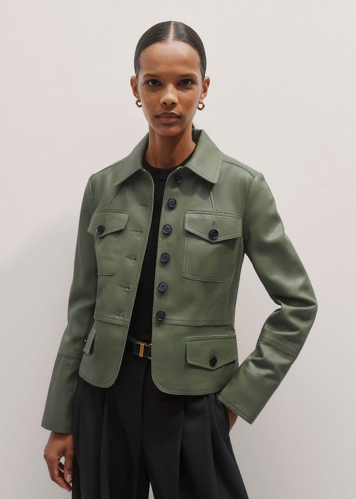 ME+EM Green Washed Leather Fitted Utility Jacket