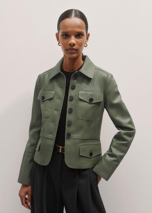 ME+EM Green Washed Leather Fitted Utility Jacket