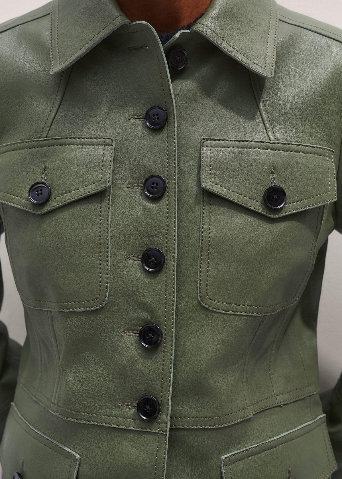 ME+EM Green Washed Leather Fitted Utility Jacket