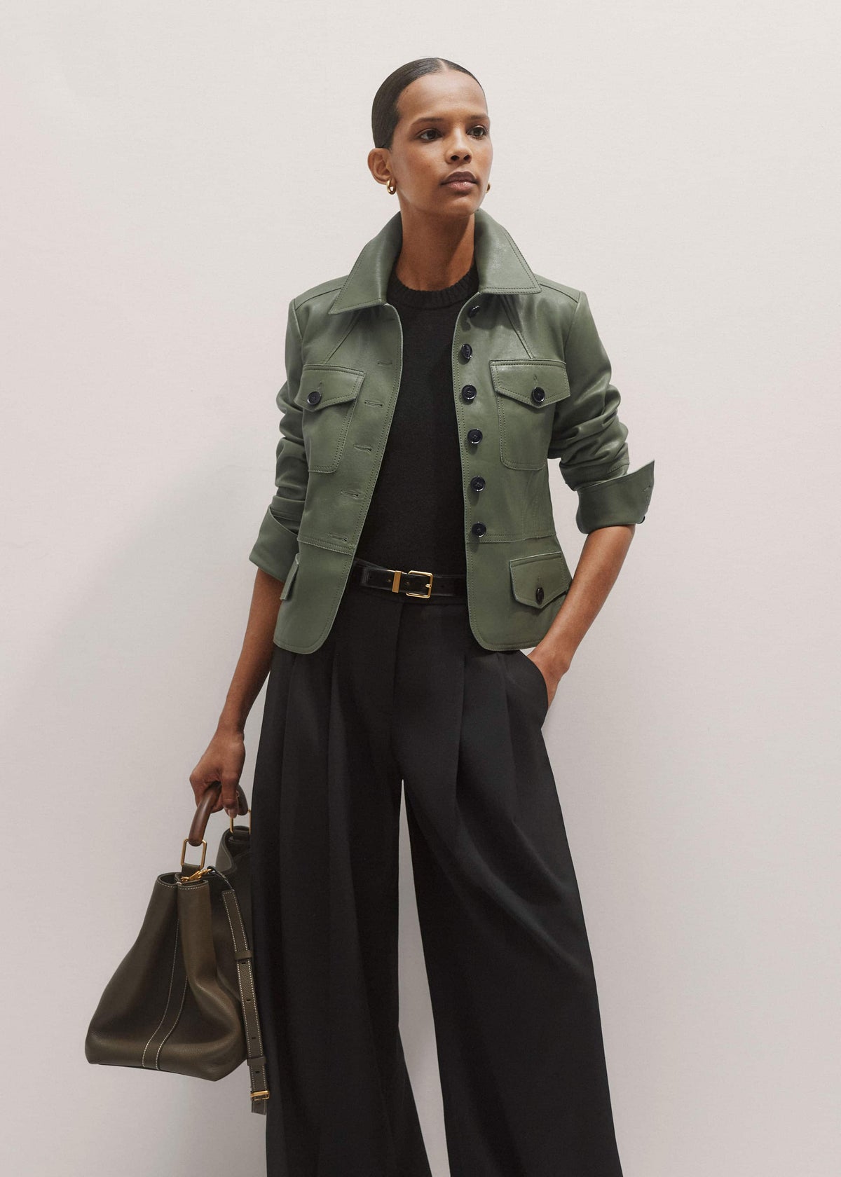 ME+EM Green Washed Leather Fitted Utility Jacket
