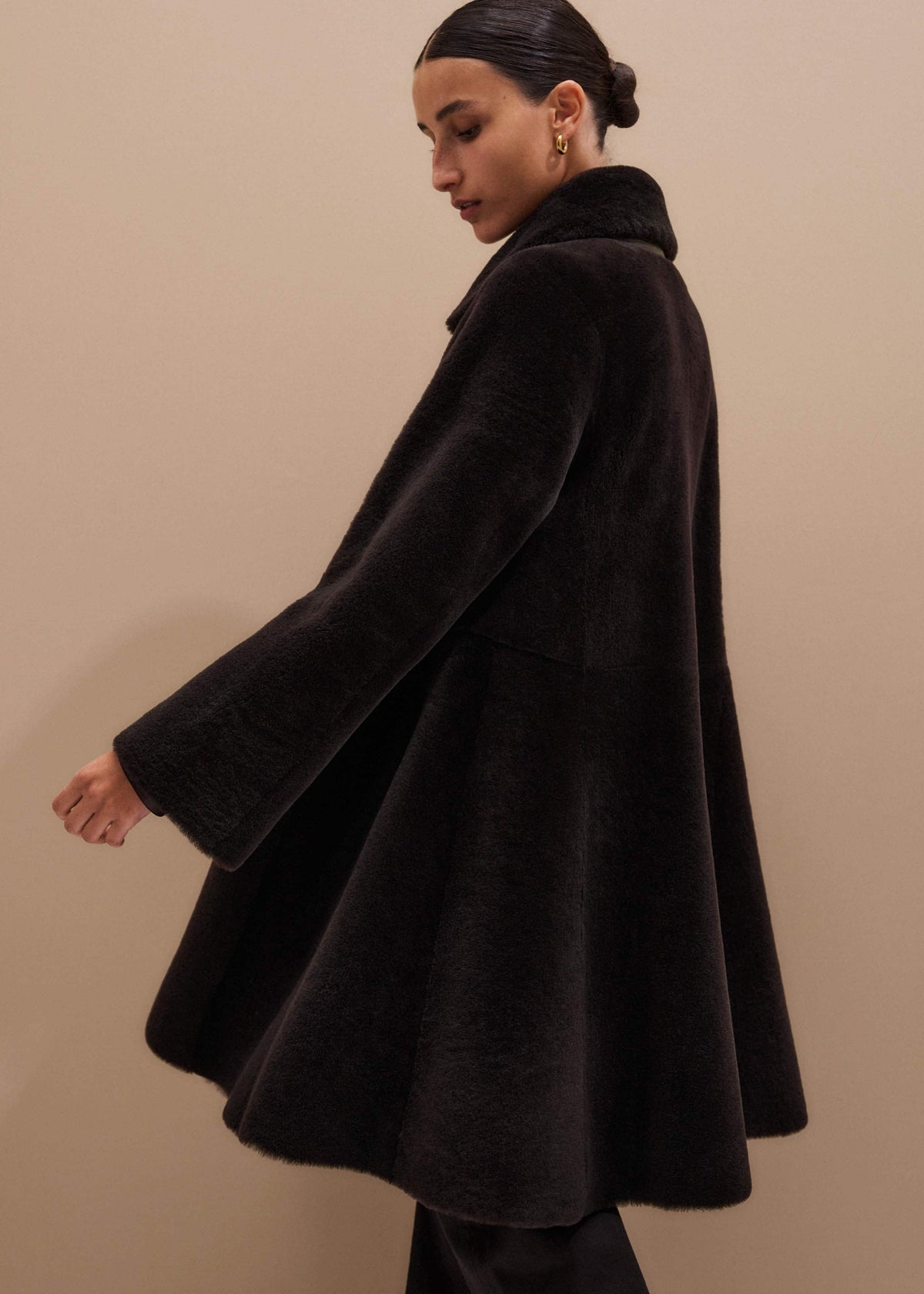 ME+EM Brown Luxe Shearling Leather Mix Swing Coat
