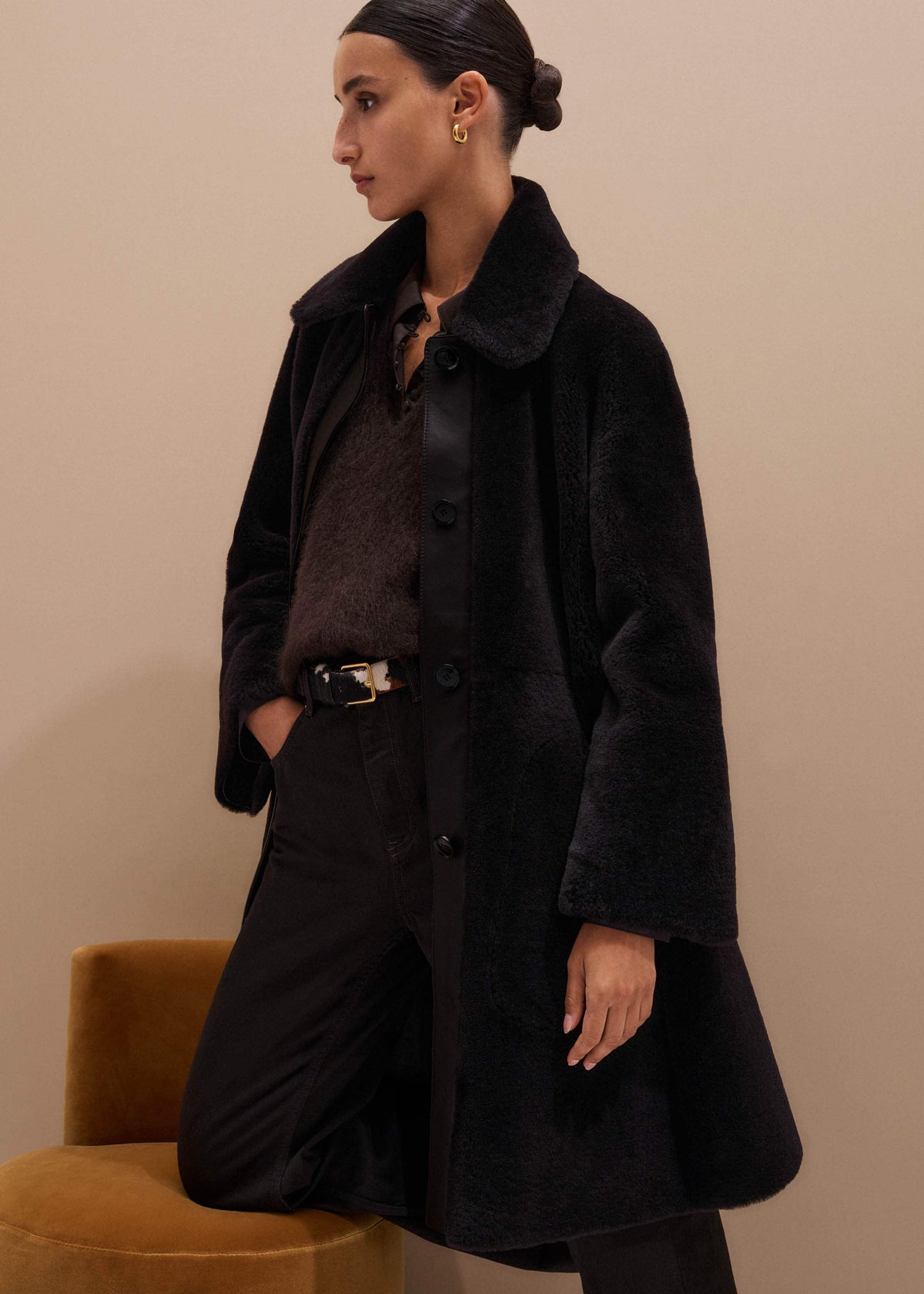 ME+EM Brown Luxe Shearling Leather Mix Swing Coat